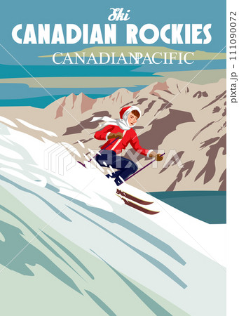 Travel poster Canadian Rockies resort vintage. Canada winter landscape travel card 111090072