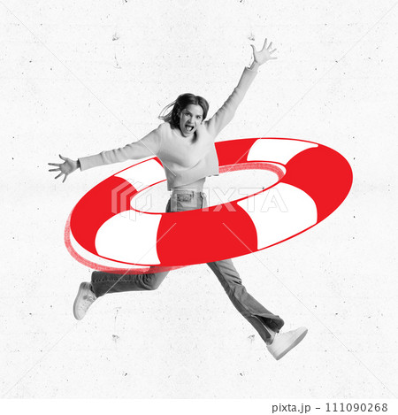 Contemporary art collage. Happy girl in monochrome filter kept in drawn lifeline. Consumer protection. Quick response. Contemporary art collage. Happy girl in monochrome filter kept in drawn lifeline. Consumer protection. Quick response. 111090268