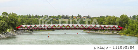 Calgary, Alberta, Canada. Jun 10, 2023. Peace Bridge a bridge that accommodates people walking and cycling across the Bow River in Calgary 111090584