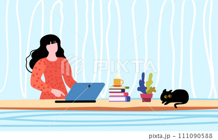 Girl at the registration desk with a computer. Workplace. Interior with pets. Cup of coffee and books with a cat. Vector illustration 111090588