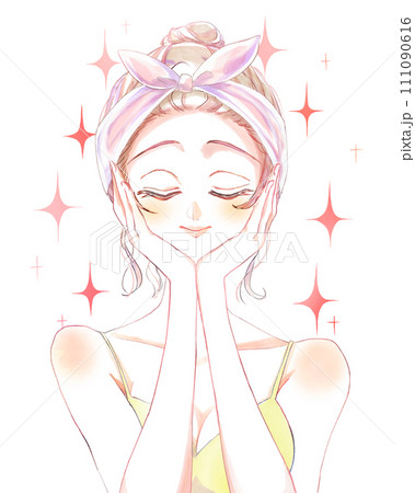 ヘアバンドをしたお団子頭の女性　目を閉じる　顔に手　洗顔 111090616