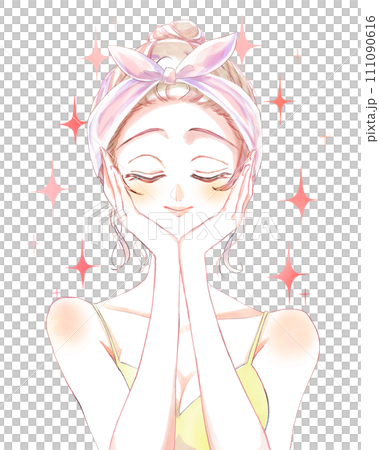 ヘアバンドをしたお団子頭の女性　目を閉じる　顔に手　洗顔 111090616