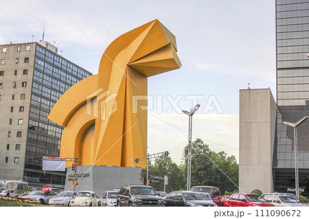 Mexico City, Mexico. Jan 11, 2024. Sculpture in front of the Torre del Caballito in Mexico City. an outdoor steel sculpture by Sebastian Enrique Carbajal, depicting a horse's head. Mexico City, Mexico. Jan 11, 2024. Sculpture in front of the Torre del Caballito in Mexico City. an outdoor steel sculpture by Sebastian Enrique Carbajal, depicting a horse's head. 111090672