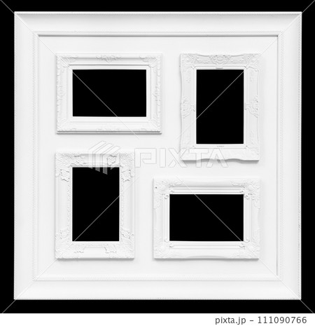 Multi picture frame set with blank space isolated on black background. Template mockup Multi picture frame set with blank space isolated on black background. Template mockup 111090766