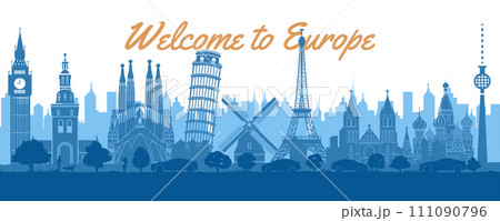 Europe famous landmarks by silhouette style with white and blue color 111090796