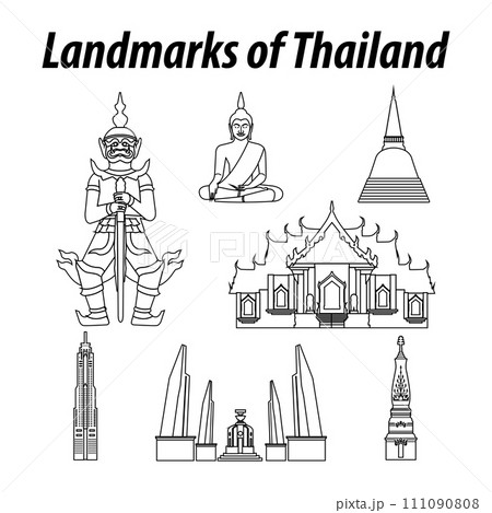 Bundle of Thailand famous landmarks by silhouette outline style 111090808