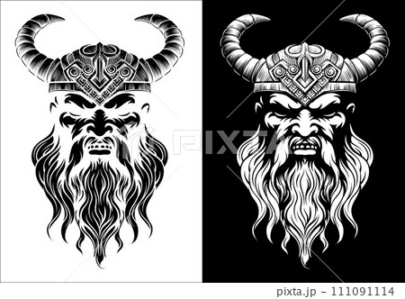 Viking Warrior Man Strong Mascot Face in Helmet Viking Warrior Man Strong Mascot Face in Helmet 111091114