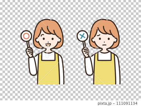 マルとバツのふだを持つエプロン姿の女性のイラスト＿上半身 111091134