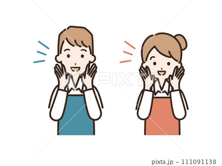 笑顔で呼びかけるエプロン姿の男性と女性のイラスト＿上半身 111091138