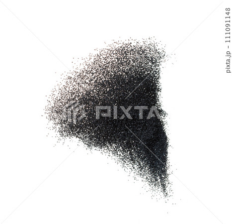 Silicon Carbide wind blow spin swirl around. Black Silicon Carbide tornado explosion fly in mid air. Fine particle circle around, White background Isolated throwing particle element object 111091148
