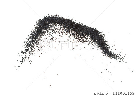 Silicon Carbide wind blow spin swirl around. Black Silicon Carbide tornado explosion fly in mid air. Fine particle circle around, White background Isolated throwing particle element object 111091155