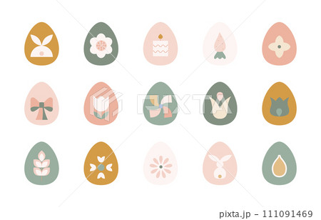 Abstract geometric easter egg icons. Pastel color minimalistic easter illustrations with cute bunny, flower, candle, carrot shapes. Abstract geometric easter egg icons. Pastel color minimalistic easter illustrations with cute bunny, flower, candle, carrot shapes. 111091469