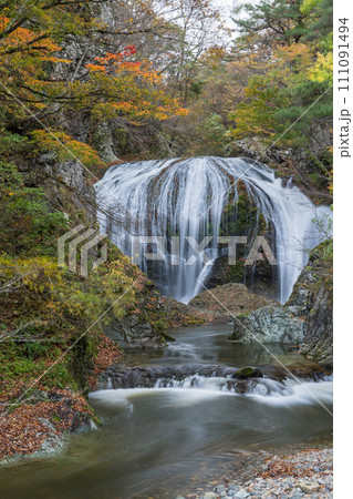 日本　山形県東根市関山にある関山大滝と紅葉した木々 111091494