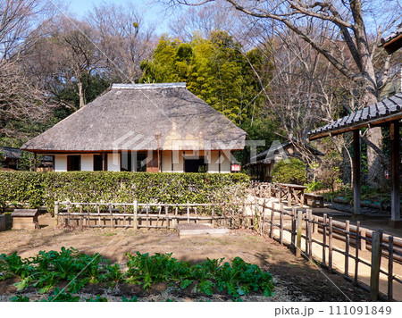 年中行事「事八日」で屋根に掲げられた竹ザル（世田谷区立岡本公園民家園） 111091849