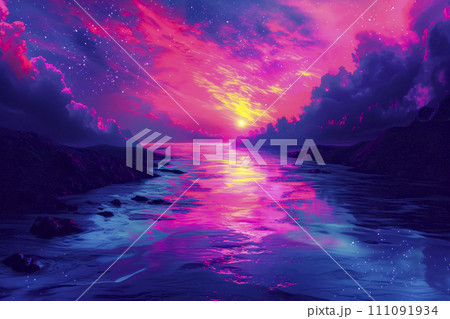 Surreal Neon Waves in Starry Space Landscape Surreal Neon Waves in Starry Space Landscape 111091934