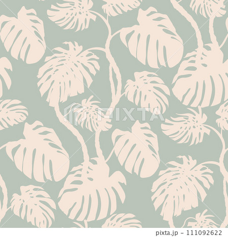 Pattern with silhouettes of monstera bushes in monochrome in pastel shades with leaves Pattern with silhouettes of monstera bushes in monochrome in pastel shades with leaves 111092622