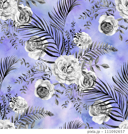 Seamless black and white watercolor pattern with flowers of delicate roses and dry branche 111092657
