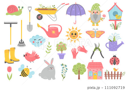 Gardening and spring set. Cute cartoon springtime items. Cartoon flat vector illustration. 111092719