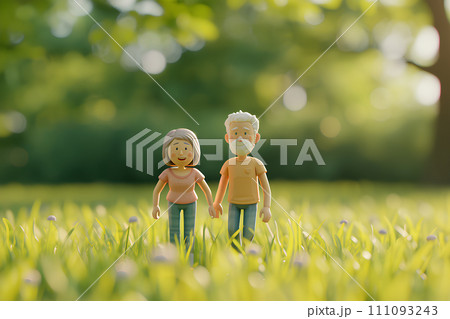 笑顔のシニア世代の夫婦(公園の背景)3D 笑顔のシニア世代の夫婦(公園の背景)3D 111093243
