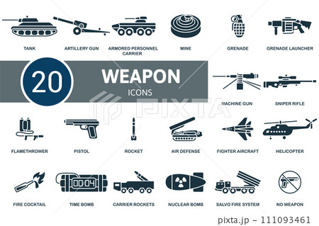 Weapon set. Creative icons: tank, artillery gun, armored personnel carrier, mine, grenade, grenade launcher, machine gun, sniper rifle, flamethrower, pistol, rocket, air defence, fighter aircraft Weapon set. Creative icons: tank, artillery gun, armored personnel carrier, mine, grenade, grenade launcher, machine gun, sniper rifle, flamethrower, pistol, rocket, air defence, fighter aircraft 111093461