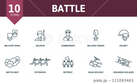 Battle outline icons set. Creative icons: military rank, soldier, commander, military order, helmet, battle map, offensive, retreat, dead soldier, wounded soldier. Battle outline icons set. Creative icons: military rank, soldier, commander, military order, helmet, battle map, offensive, retreat, dead soldier, wounded soldier. 111093463