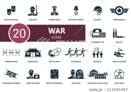 War icon set. Creative icons: military rank, soldier, commander, military order, helmet, army badge, transmitter, bullet, barbed wire and more 111093467