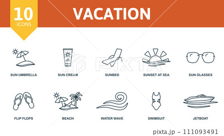 Vacation outline icons set. Creative icons: sun umbrella, sun cream, sunbed, sunset at sea, sun glasses, flip flops, beach, water wave, swimsuit, jetboat. Vacation outline icons set. Creative icons: sun umbrella, sun cream, sunbed, sunset at sea, sun glasses, flip flops, beach, water wave, swimsuit, jetboat. 111093491