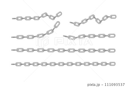 Free metal chain with whole or break steel chrome links. Collection of seamless metal chains colored silver. Vector 111093537