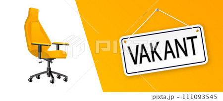 Vacant. Business recruitment concept. Office chair with a sign vacant. We are hiring, open vacancy. Hiring and recruiting banner. Vector Vacant. Business recruitment concept. Office chair with a sign vacant. We are hiring, open vacancy. Hiring and recruiting banner. Vector 111093545