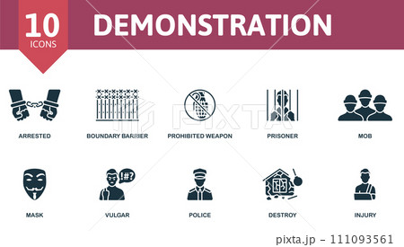 Demonstration icons set. Creative icons: arrested, boundary barrier, prohibited weapon, prisoner, mob, mask, vulgar, police, destroy, injury. 111093561