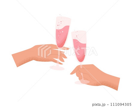 Hands with champagne glasses toast, St. Valentine s day concept. Vector illustration in simple modern style 111094305