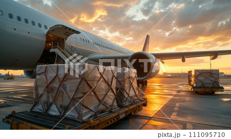Loading of goods on board a cargo plane, airport, transport logistic 111095710