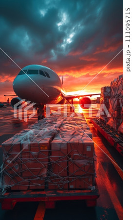 Loading of goods on board a cargo plane, airport, transport logistic Loading of goods on board a cargo plane, airport, transport logistic 111095715
