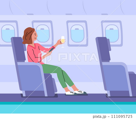 Cartoon Color Character Girl and Airplane First Class Concept Flat Design Style. Vector illustration of Rich Female Passenger with Champagne 111095725