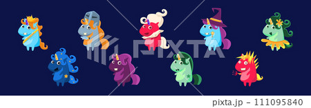 Funny Unicorn Bright Fantastic Animal with Horn and Tail Vector Set Funny Unicorn Bright Fantastic Animal with Horn and Tail Vector Set 111095840
