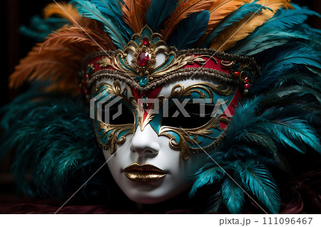 Luxury carnival venetian masks decorated with feathers, gold, and jewelry. Close up. Generative Ai 111096467