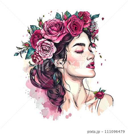 beautiful woman with flowers in her hair and a wreath of roses beautiful woman with flowers in her hair and a wreath of roses 111096479
