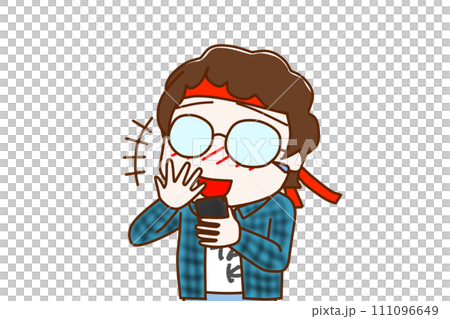 (Upper body diagonal) A nerd wearing glasses is holding a smartphone and looking at the screen, crying and laughing out loud. 111096649