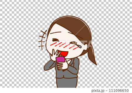 (Upper body diagonal) A woman in a suit holding a smartphone and looking at the screen, crying and laughing out loud 111096650