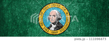 Banner of the Washington State grunge flag. Dirty Washington State flag on a metal surface. 111096873