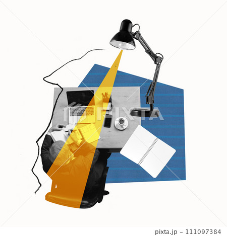 Senior businessman sitting at table, workplace in his office, working with laptop, making plan and to do list on notebook. Contemporary art collage. Senior businessman sitting at table, workplace in his office, working with laptop, making plan and to do list on notebook. Contemporary art collage. 111097384