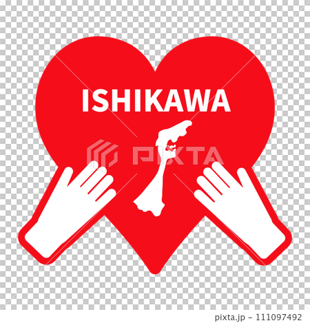 Ishikawa prefecture map in heart and both hands_red solid 111097492