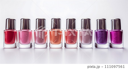 Banner with colorful bottles of nail polish on white background top view close up.Row of nail polishes for manicure with color transition.Selecting nail polish color for a nail salon and store, design Banner with colorful bottles of nail polish on white background top view close up.Row of nail polishes for manicure with color transition.Selecting nail polish color for a nail salon and store, design 111097561