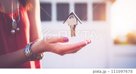 Banner with hand, house key close-up on bokeh background of building for advertising of purchase,rental apartment,house.Concept for housewarming,real estate sale,construction 111097678