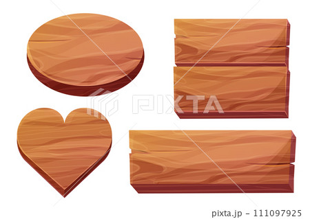 Set wooden planks with wood texture oval, heart in cartoon style isolated on white background. Board, game ui element, frame, decoration. Set wooden planks with wood texture oval, heart in cartoon style isolated on white background. Board, game ui element, frame, decoration. 111097925
