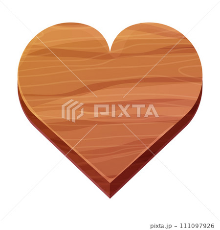 Wooden heart shape plank with wood texture in cartoon style isolated on white background. Board, game ui element, frame, decoration. Wooden heart shape plank with wood texture in cartoon style isolated on white background. Board, game ui element, frame, decoration. 111097926
