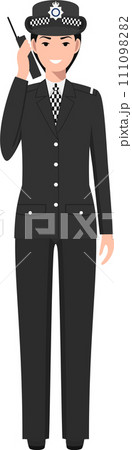Standing British Policewoman Officer with Walkie-Talkie in Traditional Uniform Character Icon in Flat Style. Vector Illustration. 111098282