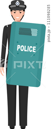 Standing British Policewoman Officer with Metal Protective Shield in Traditional Uniform Character Icon in Flat Style. Vector Illustration. 111098285