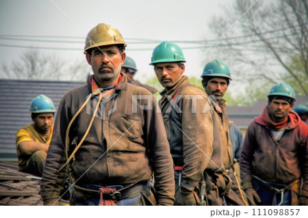 construction worker team hard hat helmet group of employees taking a break together 111098857