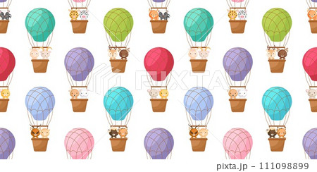 Cute little animals fly on hot air balloons seamless childish pattern. Funny cartoon animal character for fabric, wrapping, textile, wallpaper, apparel. Vector illustration Cute little animals fly on hot air balloons seamless childish pattern. Funny cartoon animal character for fabric, wrapping, textile, wallpaper, apparel. Vector illustration 111098899